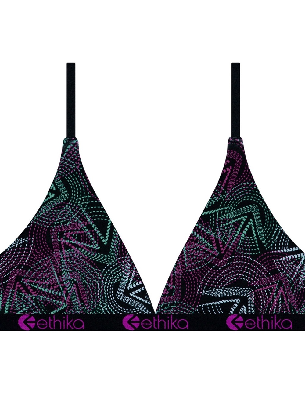 ethika "Upscale" Black Triangle Bralette with Teal & Purple Graphic Print Size M